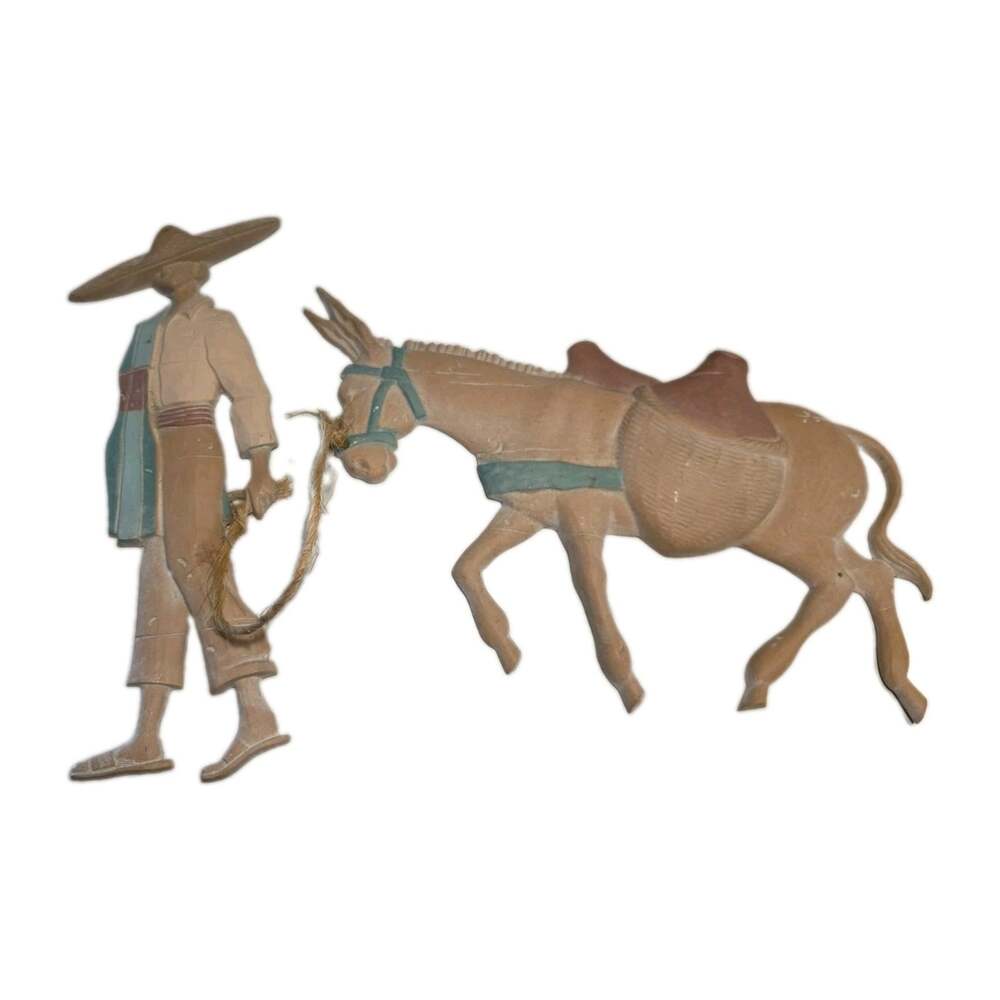 Southwestern Folk Art Man Sombrero Hat Burro Mule Jugs Pastel Metal Wall Hanging